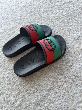 Gucci Interlocking G Slide Sandals Black Red Green Size 5 Women